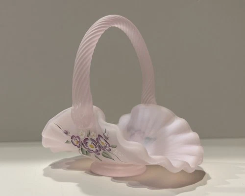 Fenton Hand Painted Pink Satin Glass Miniature Mini Basket Purple Flowers