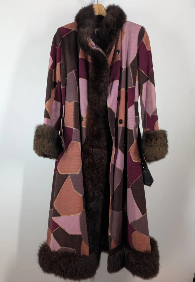 Bill Blass Bond Street Vtg 60s Mod Corduroy Op Art Patchwork Fur Belt Trench 36" - Image 4 of 4