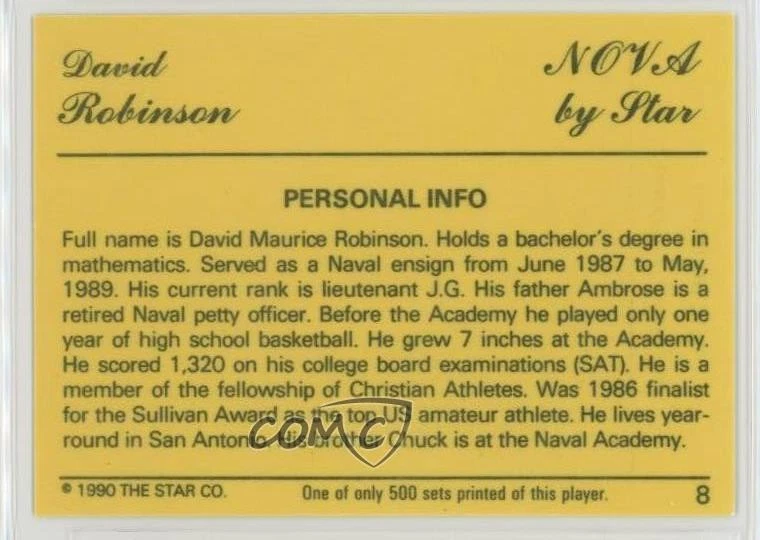 1990-91 Star Nova /500 David Robinson #8 HOF - Image 2 of 2