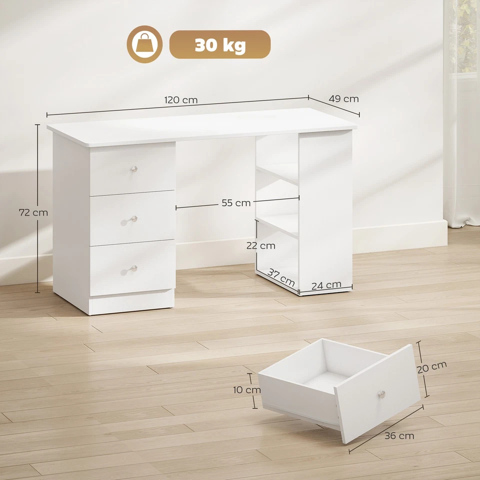 HOMCOM Scrivania Porta PC per Camera e Ufficio con Cassettiera e Ripiani Bianco - Immagine 4 di 4