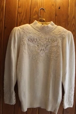 VTG CATHARINE LOVER IVORY LAMBSWOOL ANGORA PULLOVER SWEATER LACE INSET BEADED S