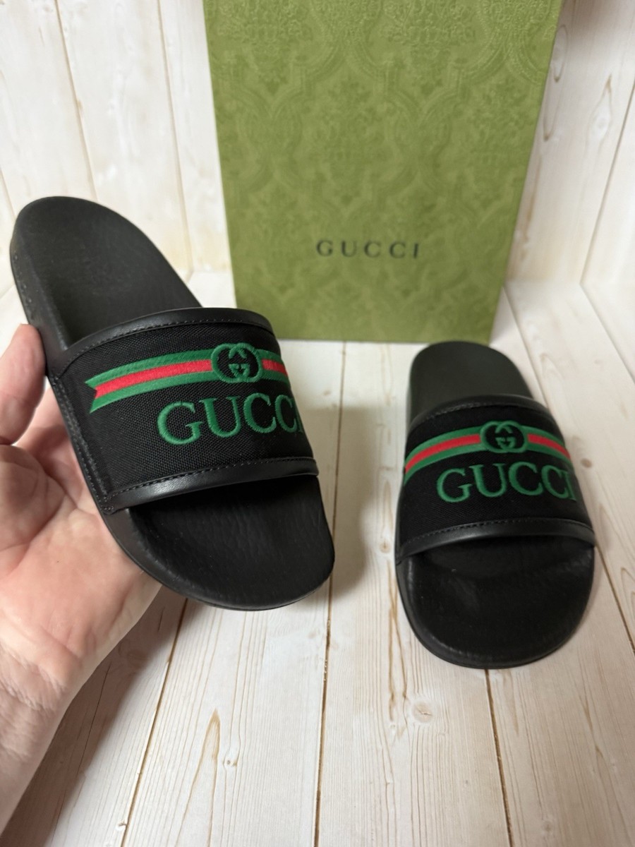 Gucci Embroidered Stripe Logo Canvas Slide Sandals Black