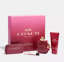 Coach Wild Rose 4pc Set 3oz EDP + .25oz Mini EDP + 3.3oz Body Lotion + Pouch