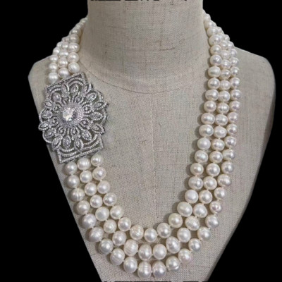 3 Strands Cultured White Pearl Necklace Big Cz Pave Pendant