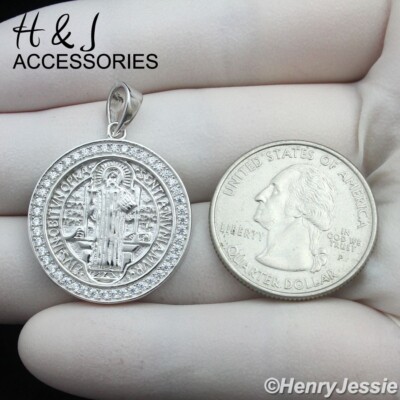 MEN SOLID 925 STERLING SILVER ICY CZ SILVER SAINT BENEDICT ROUND PENDANT*ASP454