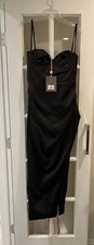 HOUSE OF CB Flora Black Satin Pleated Corset Midi Dress Medium NEW With tags