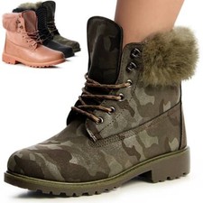 Damen Worker Boots Stiefeletten Schnür Booties Kunstfell Warm Glitzer