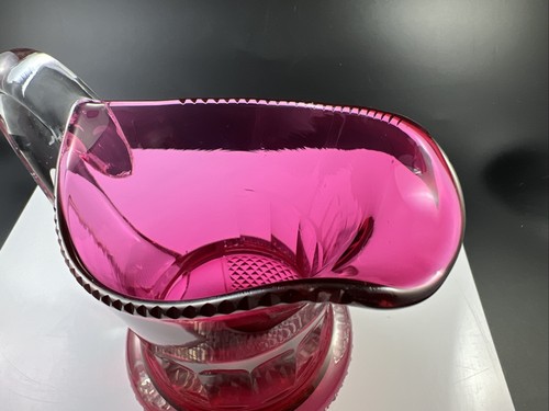 Vintage Cranberry Red Diamond Panel Blown & Cut Glass Pitcher - Picture 5 of 11