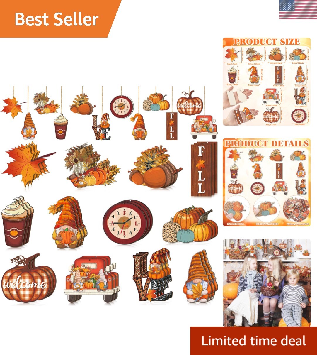 36 Pcs Wooden Fall Tree Decorations with Thanksgiving Gnome Ornaments
