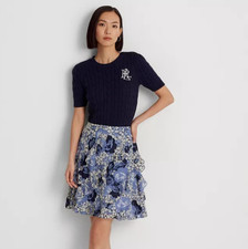 LAUREN RALPH LAUREN Floral Ruffle-Trim Georgette Skirt Women's 8 Blue/Cream