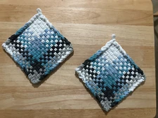 Handmade 2 Matching Cotton Woven Potholders 5 Colors White 2 Blues Pewter Silver