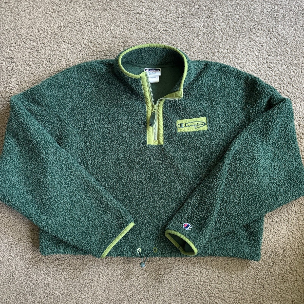 Women's Champion Cropped Sherpa Fleece Pullover Sweatshirt Green