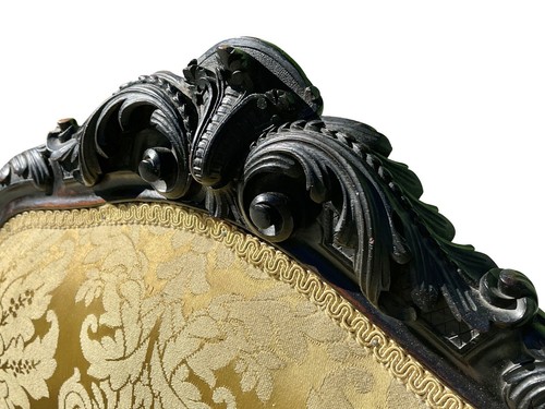 PAIR OF LOUIS XIV EBONIZED ROSEWOOD FAUTEUIL A LA REINE ARM CHAIRS IN SATIN GOLD - Picture 16 of 16