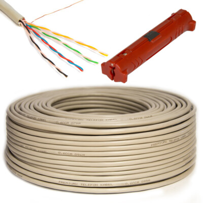PremiumX Telefonkabel 50m 4x2x0,6mm Telefonleitung 8 Adern rund + Abisolierer