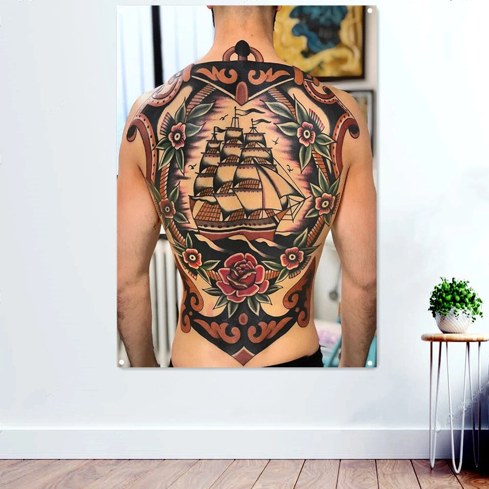 Traditional Back Tattoos for Men Wall Art Poster Banner Flag Wall Decor Painting