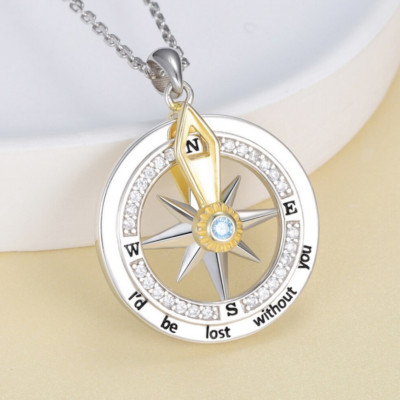 18K 925 Sterling Silver 'Lost Without You' Inspirational Rotate Compass Pendant