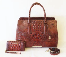 BRAHMIN Elegant PECAN BROWN Lg FINLEY BUSINESS CARRYALL TOTE & WALLET/WRISTLET