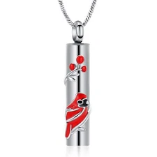 Red Cardinal Urn Necklace for Ashes Cylinder Memorial Ashes Cremation Necklace
