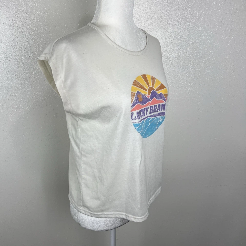 Lucky Brand Shirt Youth Large Cream Cap Sleeve Boxy Retro Sun Graphic Tee - Imagem 3 de 4