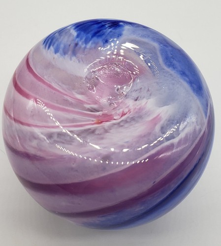 Art Cobalt Blue & Pink Swirls Vase Opaque White Inside 3” Tall Signed - Picture 9 of 11