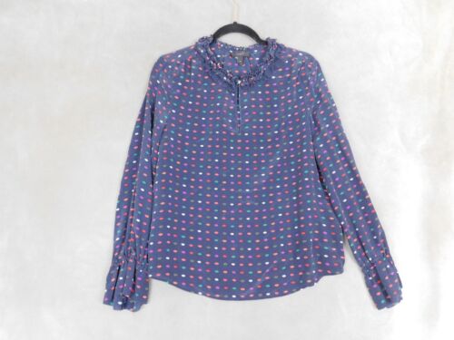 J.Crew Shirt Lip Print Silk Blouse Top Long Sleeve Navy Blue Ruffles 4 Womens - 第 1/13 張圖片