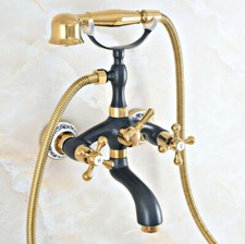 Black  Golden Brass Bathtub Faucet Set Bathroom Handheld Shower Taps Kit 2na406