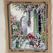 18x14 Vintage French Needlework Garden Courtyard Floral Embroidery Margot Creat