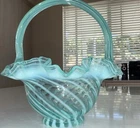 Vintage Fenton Teal Blue Opalescent Swirl Ruffle Basket 6”