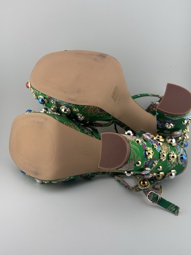 Statement Green Jeweled Platform Heels Size 41 Floral Brocade Beaded Sandals - Picture 7 of 7