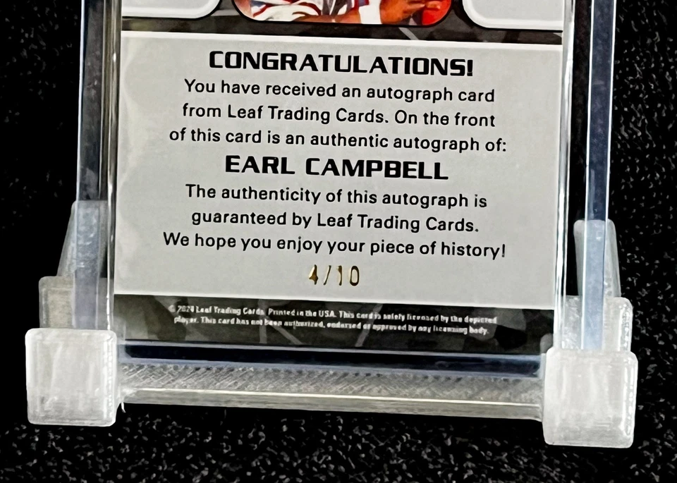 2024 EARL CAMPBELL • AUTOGRAPH 4/10 • HOF OILERS RB • RED SHIMMER LEAF METAL - Image 4 of 4