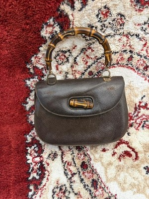 Vintage 60s GUCCI  Womens Leather Handbag Bamboo 1947 Brown Pebbled