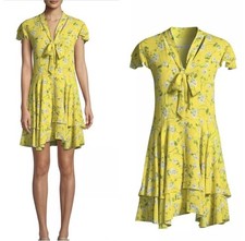 Alice + Olivia Moore Lemon Floral Tie Neck Layered Dress Size 2