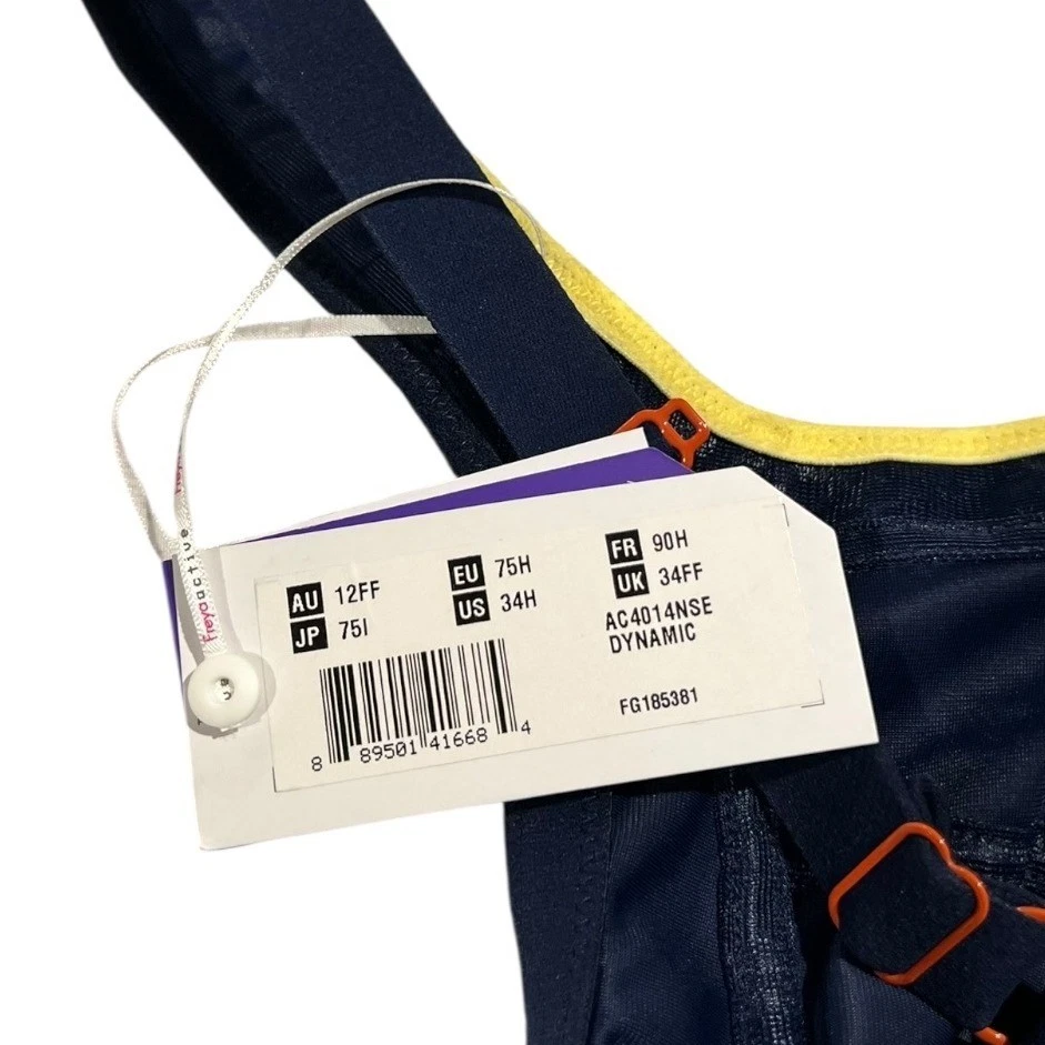 Nuevo con etiquetas Sujetador deportivo Freya Active Dynamic Soft azul marino naranja amarillo EE. UU. 34H Foto 4 de 4