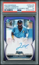 2023 Bowman Chrome Junior Caminero Purple Refractor Auto 011/250 PSA 10 Gem Mint