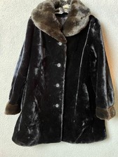 Vintage Faux Fur Coat Black M Single Breasted Contrasting Shawl Collar Cuffs VTG