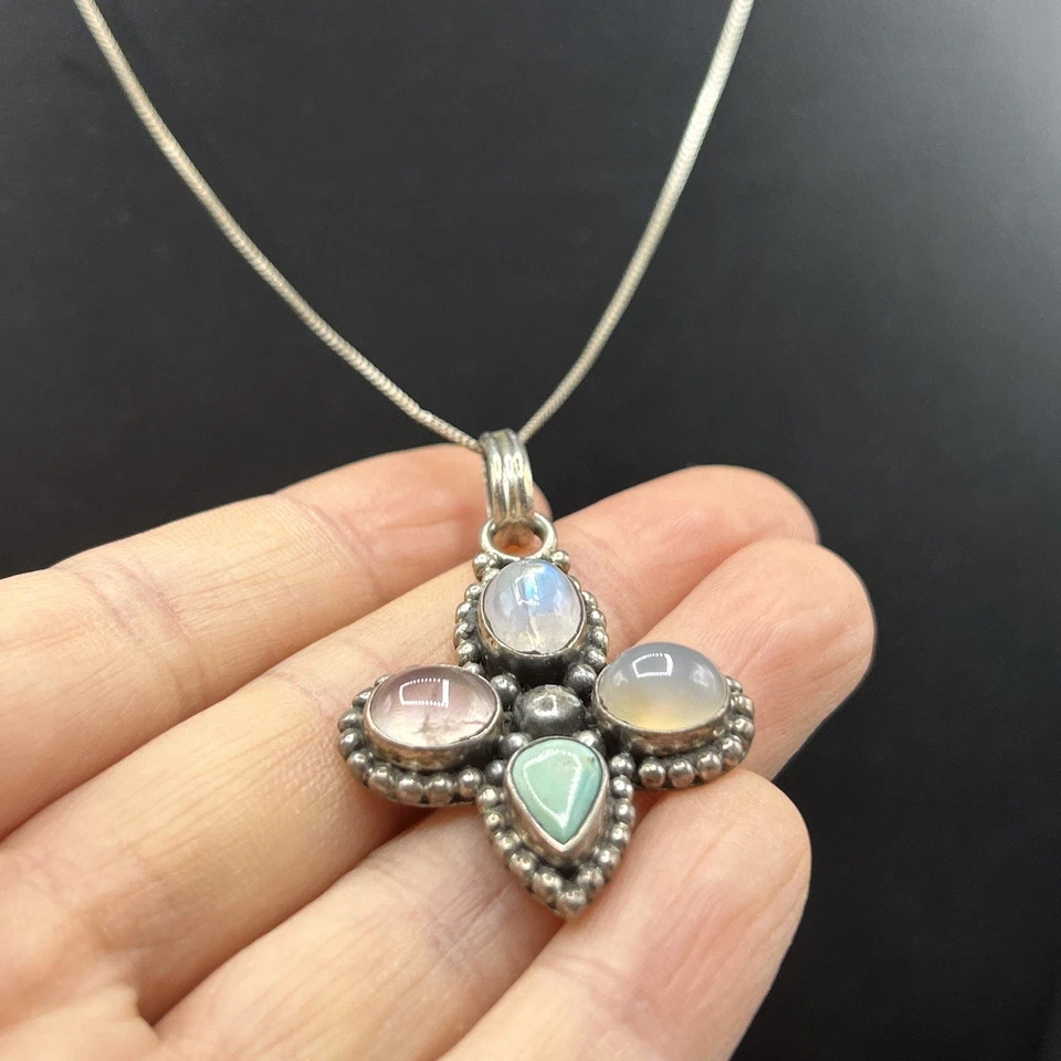 Gemstone Moonstone Turquoise Cross Sterling Silver 925 Pendant Necklace 17.5”L - Image 3 of 4