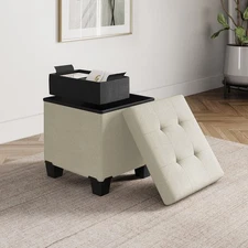 15-inch linen white storage ottoman bench foot stool