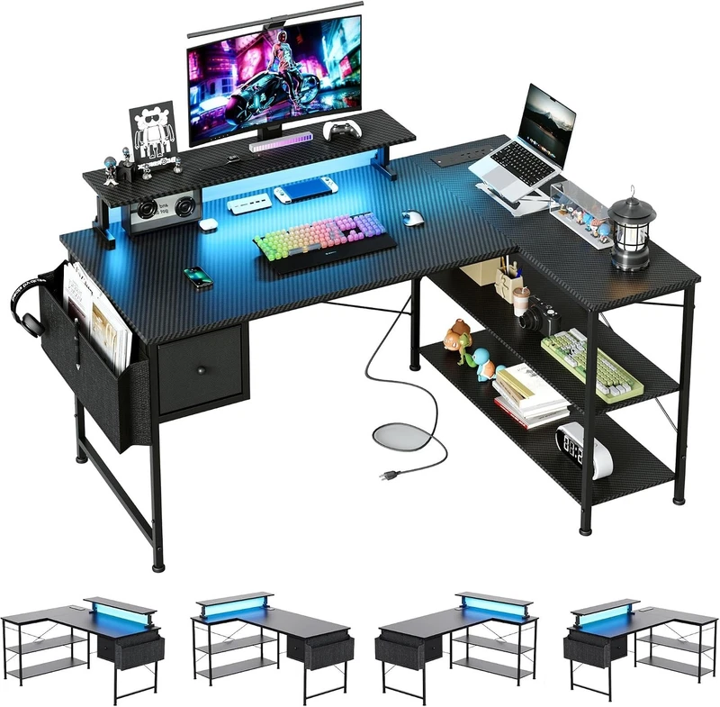 L-shaped desk with LED lights and power outlets