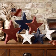 4th of July Decorations: 6pcs Patriotic Decor Wooden Star, Vintage Rustic Red Wh