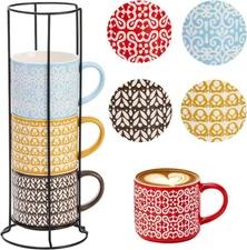 Set of 4 Stackable Coffee Mugs with Rack, 15 oz Colorful Ceramic Coffee Mugs