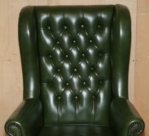 FINE GREEN LEATHER CHESTERFIELD PRESIDENTS CAPTAINS WINGBACK OFFICE SWIVEL CHAIR - Picture 3 of 17