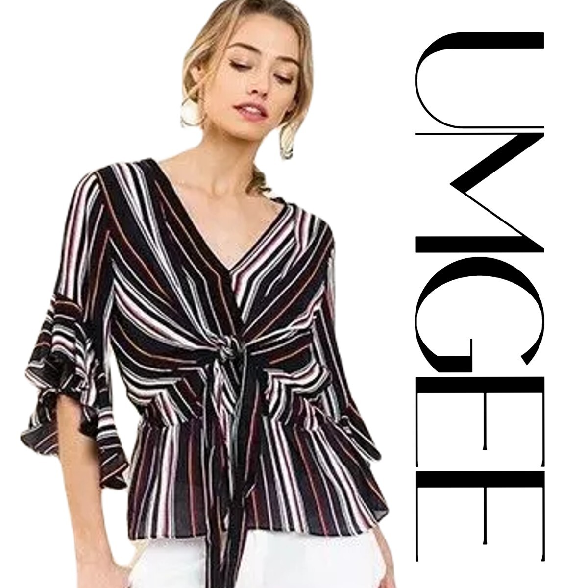 SIZE S UMGEE NAVY striped Ruffle Tie Shirt/TOP/BLOUSE BHCS