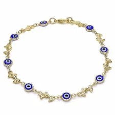 14K GOLD PLATED 9.5" ANKLET WITH BLUE EVIL EYES AND DOLPHINS CONNECTED M369