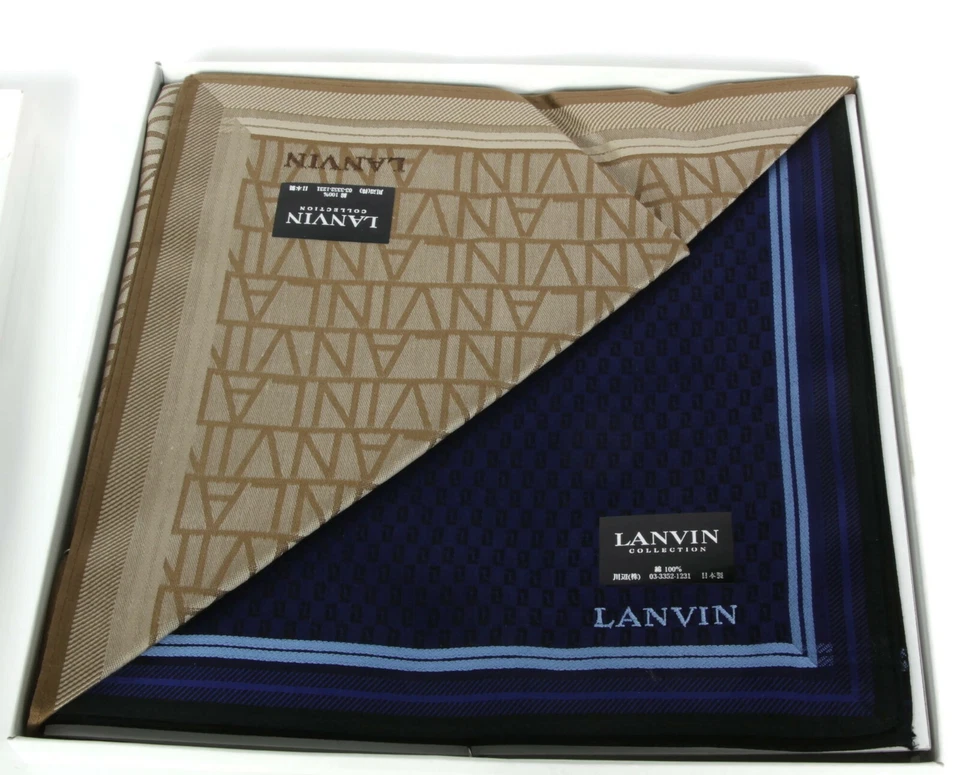Conjunto de 2 Lenços Masculinos Lanvin Vintage Anos 80 Logotipo Bege e Azul Não Usado - 521 - Imagem 2 de 4
