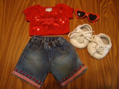 B A B Red sequin  top w/heart embroidered denim shorts, cloggsneakers ,glasses