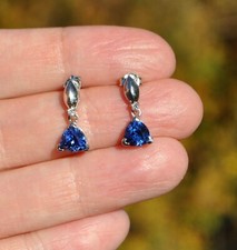 14k Solid Gold Trillion Man-made Cornflower Sapphire & Natural Diamond Earrings