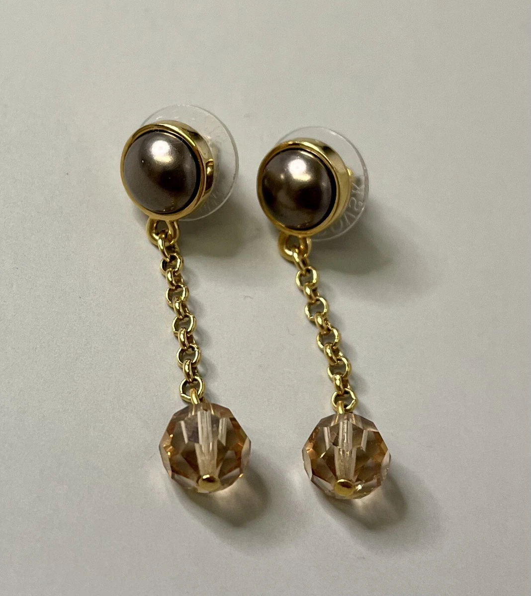 Swarovski Swan Signed Grey Faux Pearl Gold Tone Chain Stud Dangle Earrings