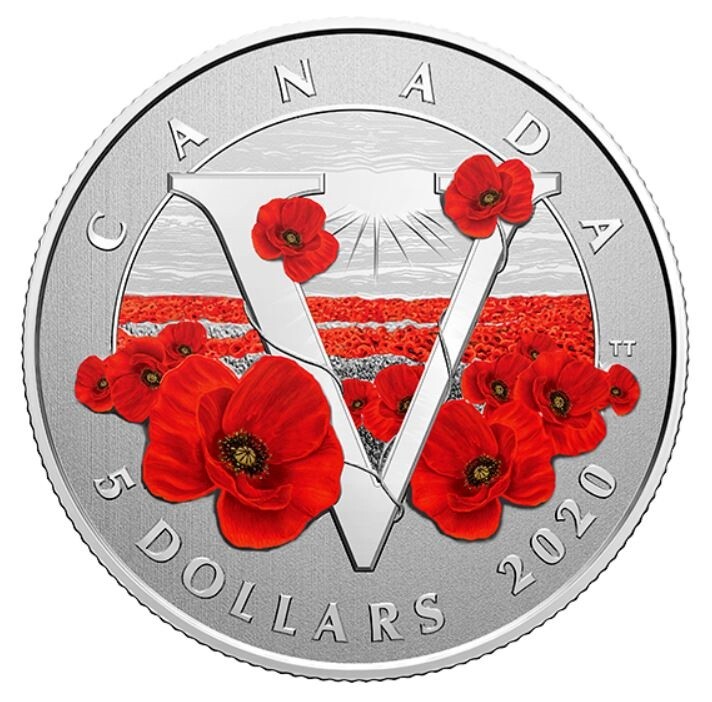 🇨🇦 Canada Remembrance Day POPPY, $5 Five Dollars Pure Silver