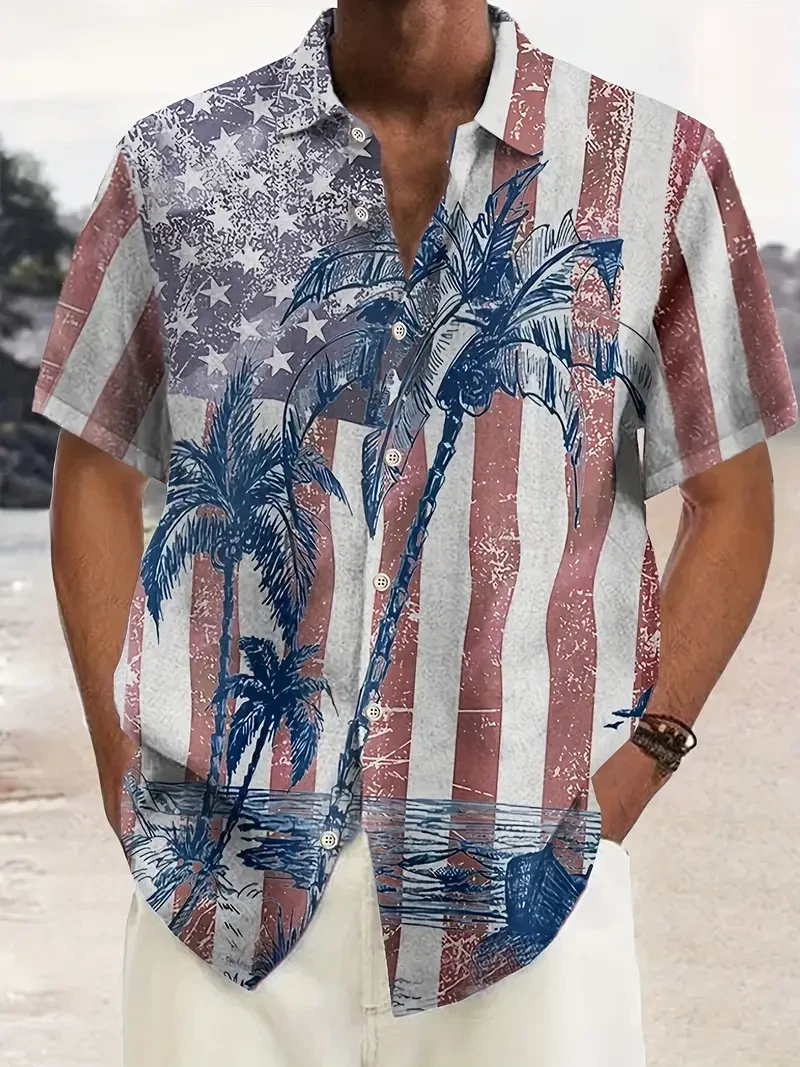 Retro Coconut Tree American Flag Print Men's Short Sleeve Shirt Summer Vacation
