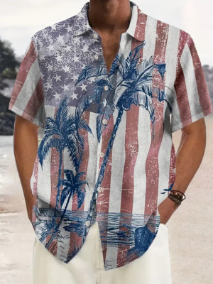 Retro Coconut Tree American Flag Print Men's Short Sleeve Shirt Summer Vacation